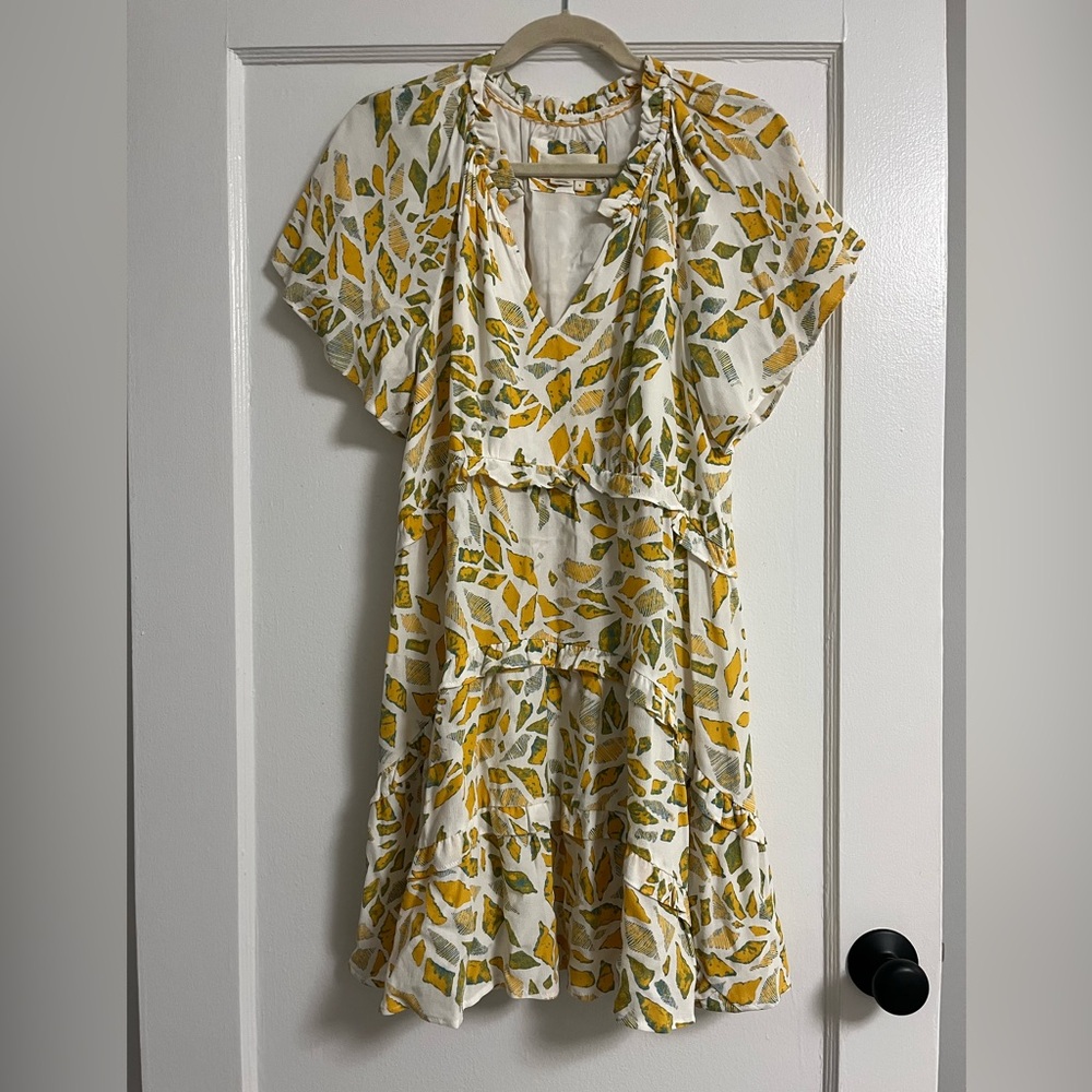 Anthropologie Robin Tiered Mini Dress Size Small Yellow White Geometric Print